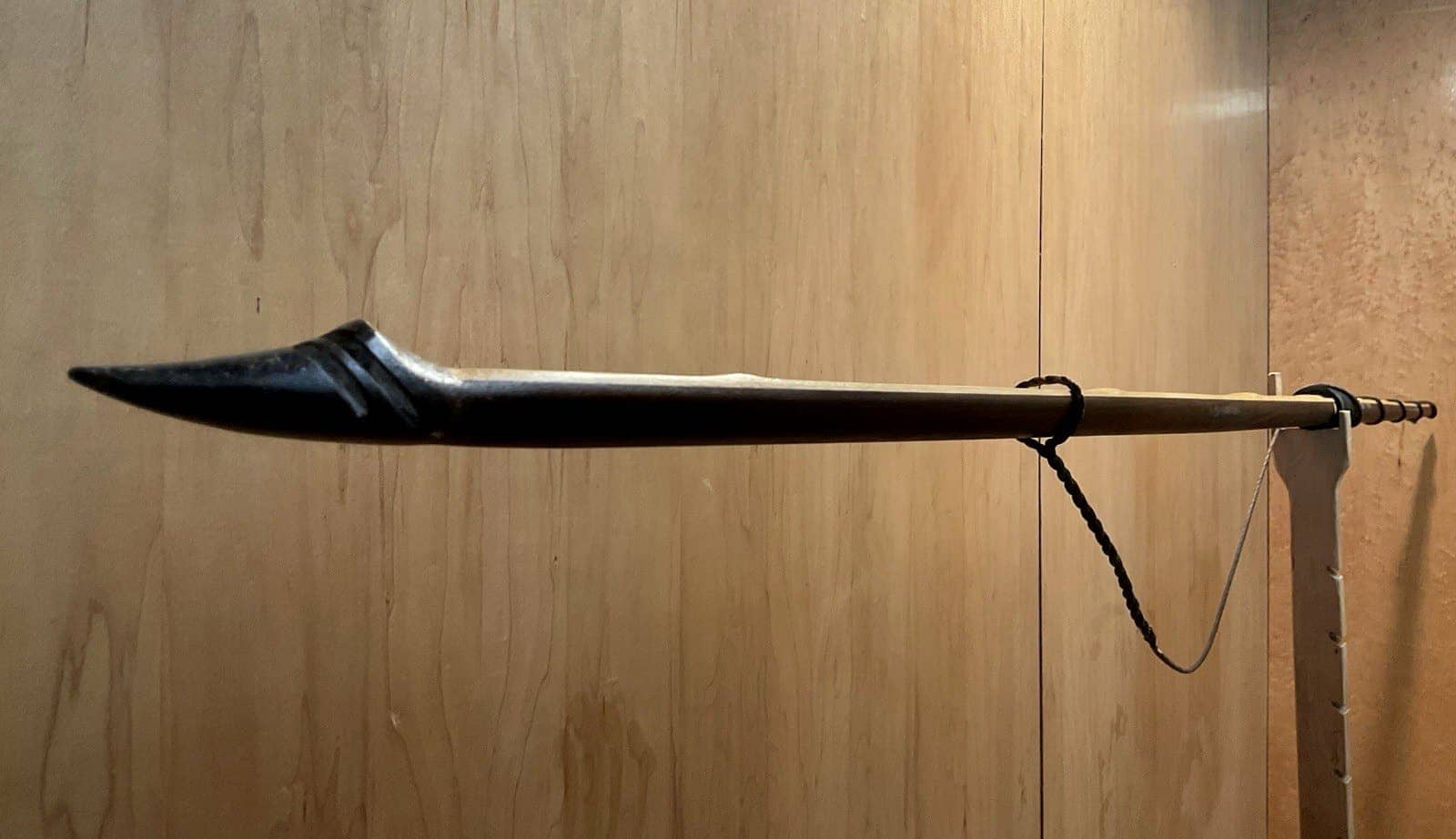 The 115-pound bamboo-backed ipe warbow: a buffalo horn tip of the unstrung bow, its string looped below