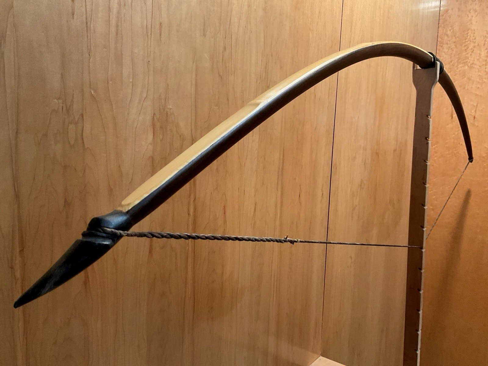 The upper limb and horn of the 150-pound bamboo-backed ipe warbow, drawn on the tiller