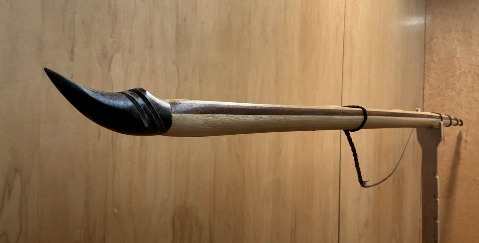 A buffalo horn tip of the 180-pound bamboo-backed tri-lam warbow, unstrung, its string looped below