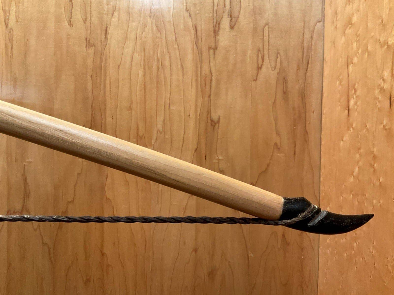 The right buffalo horn tip of the 190-pound white hickory selfbow warbow, with its twisted string