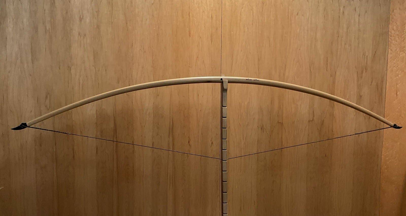 The 190-pound white hickory selfbow warbow, drawn on Doug's tiller